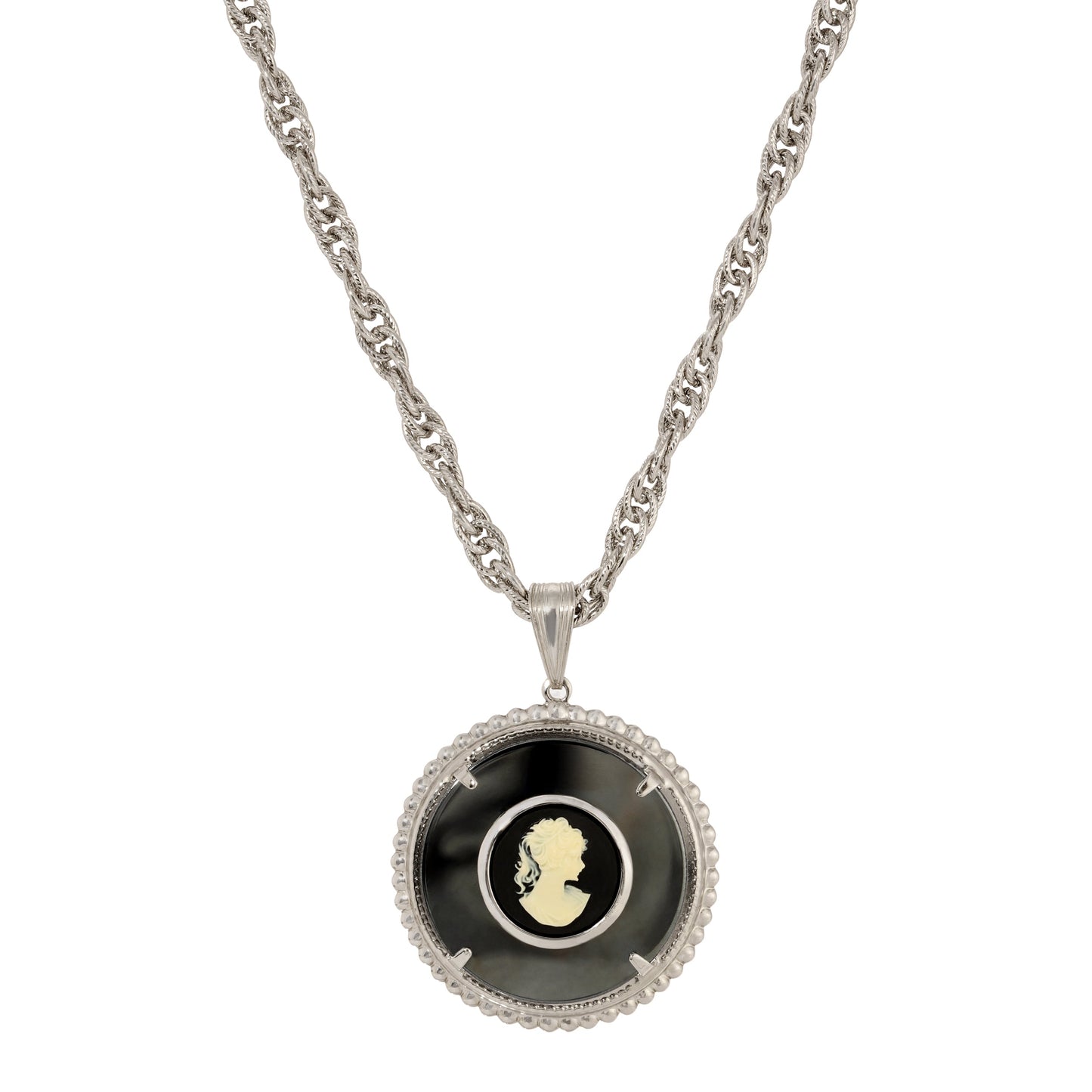 1928 Jewelry Hematite Gemstone Round Black & Ivory Cameo Pendant Necklace 18"L